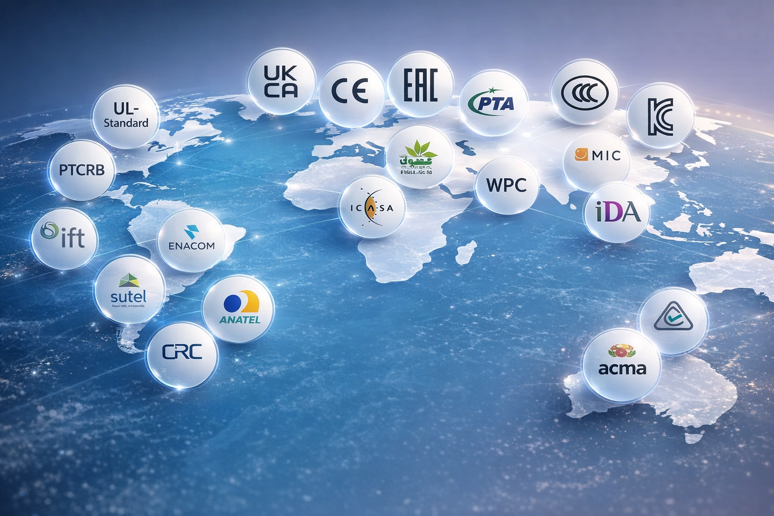 Globe with certification marks for markets around the world