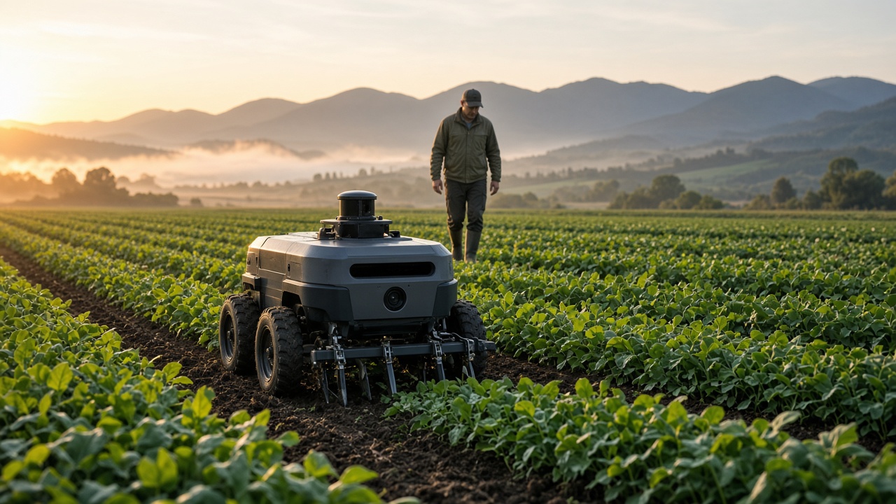 Autonomous agricultural robot weeding crop rows with farmer supervising