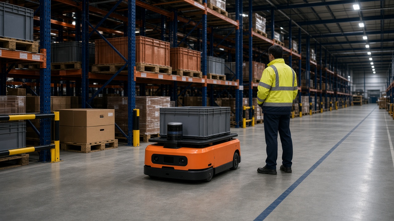 Autonomous mobile robot in a warehouse