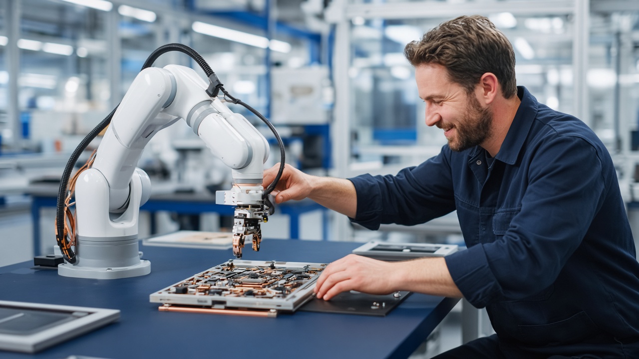 Collaborative robot arm working beside an operator at an assembly bench