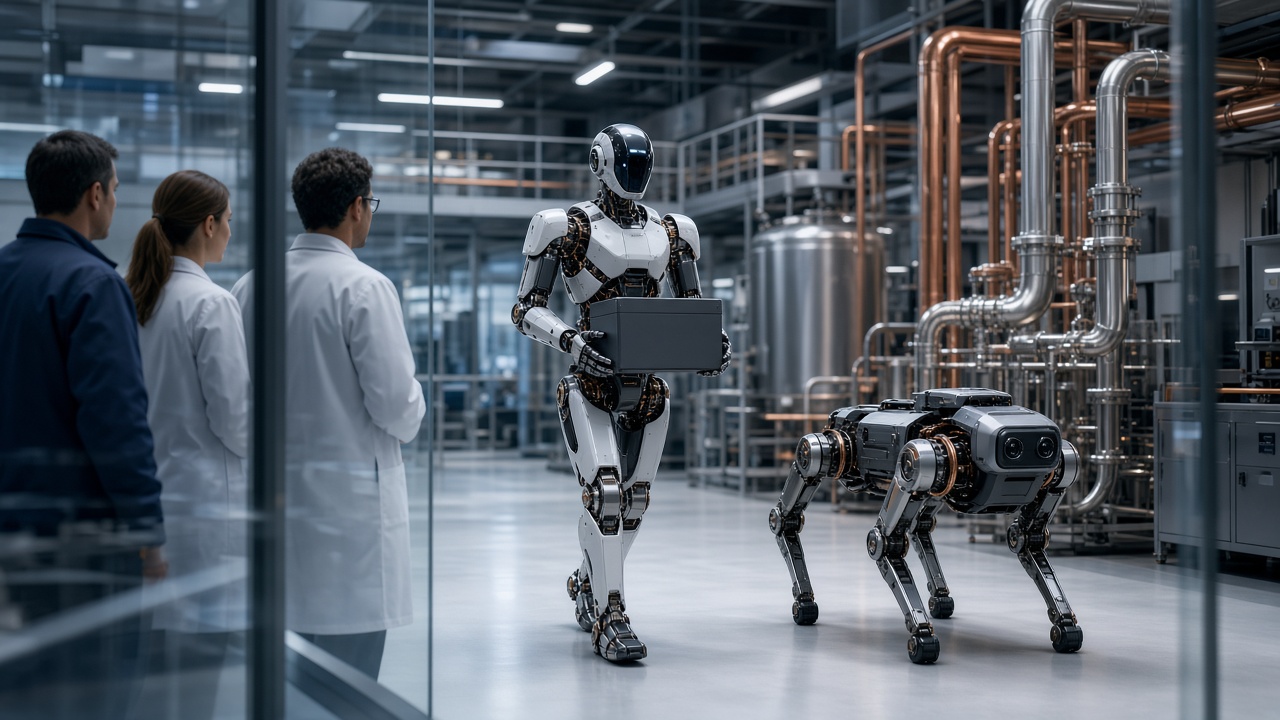 Humanoid and quadruped robots in an industrial pilot facility