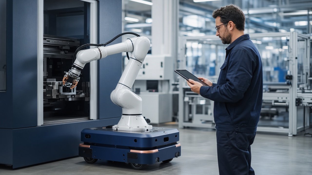 Mobile manipulator with collaborative arm on a mobile base at a machine