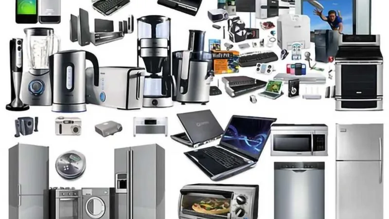 Range of consumer electronics and home appliances: laptops, phones, kitchen appliances, refrigerators and a washing machine