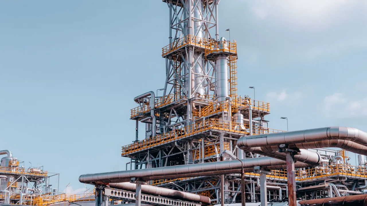 Distillation column and pipework at an oil refinery