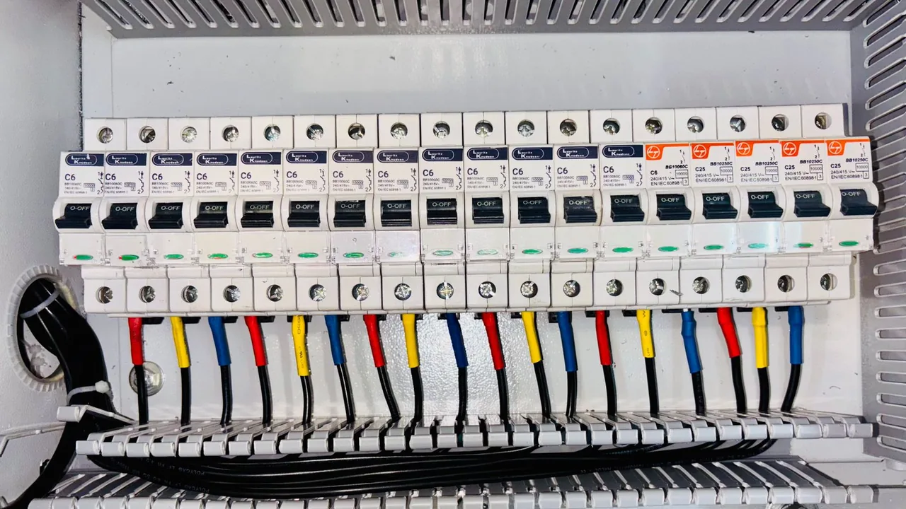 Electrical panel with a row of DIN-rail circuit breakers and colour-coded wiring